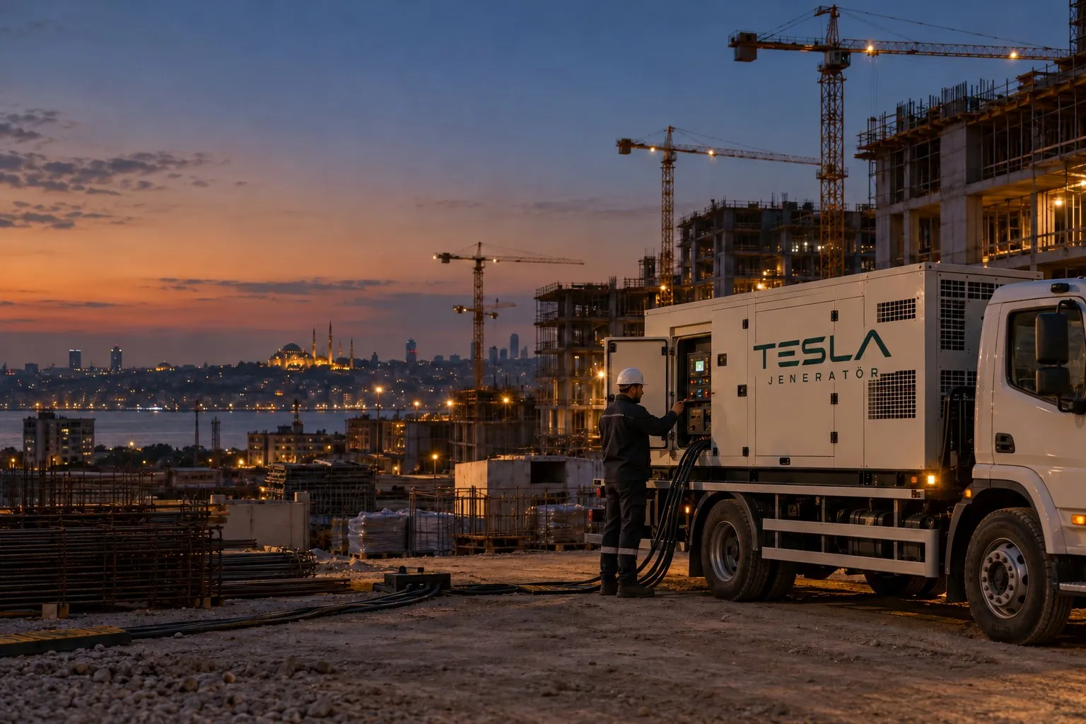 Şantiyede kurulmuş araç üstü mobil jeneratör ve teknisyen