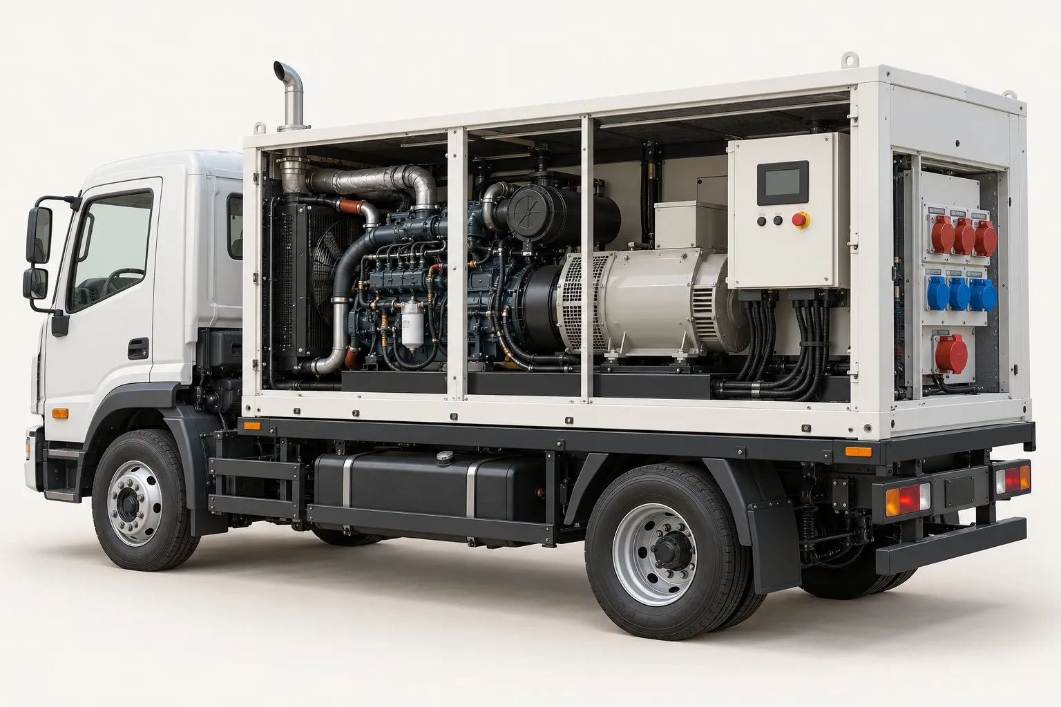 Yan kapakları açılmış araç üstü jeneratör: motor, alternatör, kontrol paneli, yakıt tankı ve dağıtım panosu
